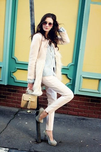 Beige Leather Satchel Bag Outfits: 