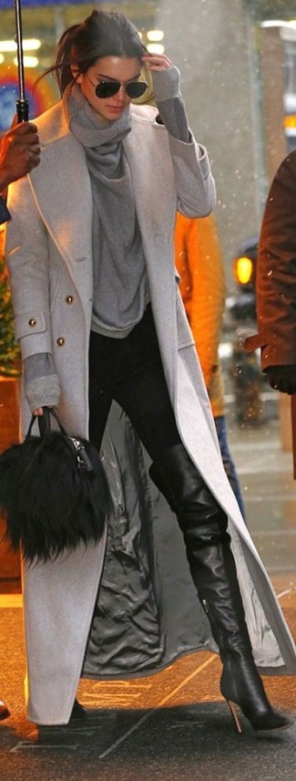 Kendall Jenner wearing Black Leather Over The Knee Boots, Black Skinny Pants, Grey Cowl-neck Sweater, Grey Coat