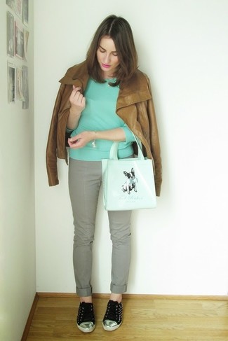Mint Print Leather Tote Bag Outfits: 