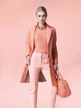 Women's Pink Leather Tote Bag, Pink Skinny Pants, Pink Crew-neck Sweater, Pink Coat