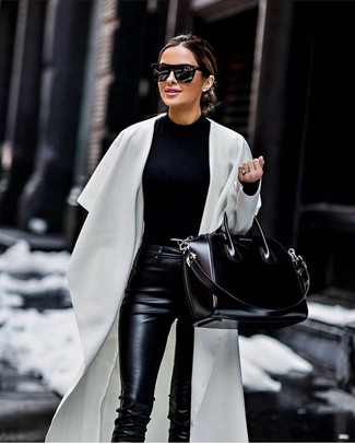 Women's Black Leather Tote Bag, Black Leather Skinny Pants, Black Crew-neck Sweater, White Duster Coat