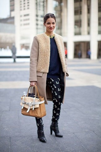 Women's Black Leather Ankle Boots, Navy and White Print Skinny Pants, Navy Crew-neck Sweater, Beige Fur Coat