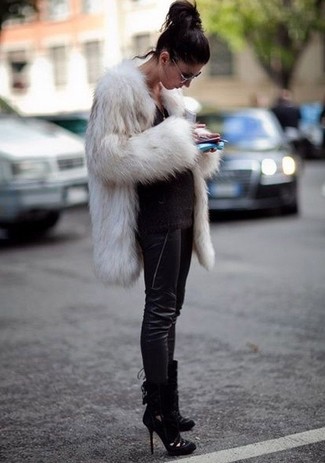 Women's Black Cutout Suede Ankle Boots, Black Leather Skinny Pants, Dark Brown Crew-neck Sweater, White Fur Coat
