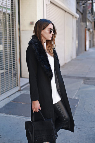 Women's Black Leather Satchel Bag, Black Leather Skinny Pants, White Crew-neck Sweater, Black Fur Collar Coat