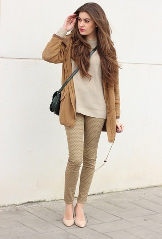Tan Crew-neck Sweater Outfits For Women: 