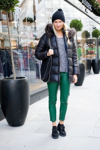 Women's Black Chunky Suede Oxford Shoes, Green Leather Skinny Pants, Grey Crew-neck Sweater, Black Puffer Jacket