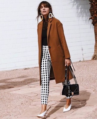 Women's White Leather Pumps, Black and White Gingham Skinny Pants, Black Crew-neck T-shirt, Tobacco Coat