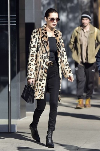 Bella Hadid wearing Black Leather Lace-up Ankle Boots, Black Skinny Pants, Black Crew-neck T-shirt, Tan Leopard Fur Coat