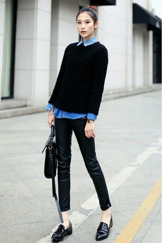 Black Textured Crew-neck Sweater Outfits For Women: 