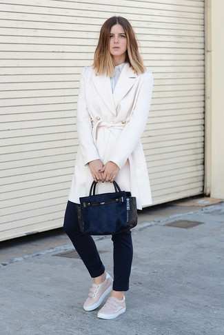 Women's Beige Leather Slip-on Sneakers, Black Skinny Pants, Light Blue Vertical Striped Dress Shirt, White Coat