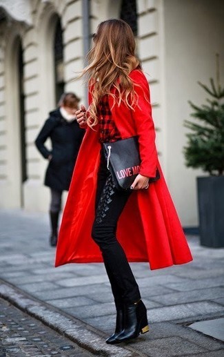 Women's Black Leather Ankle Boots, Black Skinny Pants, Red and Black Check Dress Shirt, Red Coat