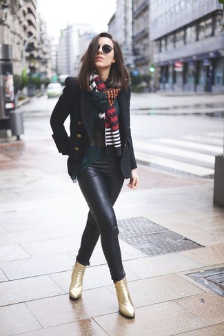 Women's Gold Leather Ankle Boots, Black Leather Skinny Pants, Dark Green Long Sleeve Blouse, Black Pea Coat