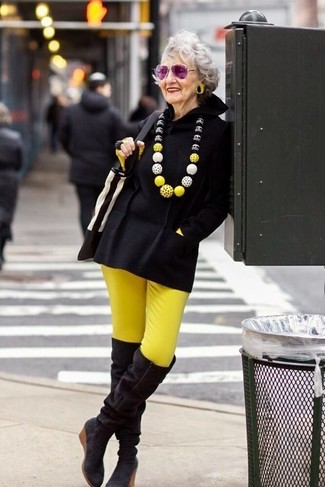 Women's Black Suede Over The Knee Boots, Yellow Skinny Pants, Yellow Long Sleeve T-shirt, Black Poncho