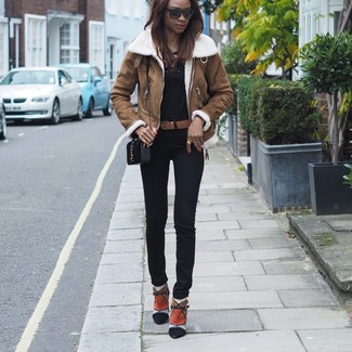 Brown Shearling Jacket Outfits For Women: 