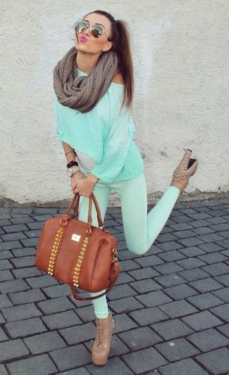 Women's Tan Studded Leather Lace-up Ankle Boots, Mint Skinny Pants, Mint Long Sleeve T-shirt, White Tank