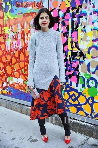 Women's Red Leather Pumps, Black Skinny Pants, Navy and Red Floral Midi Dress, Grey Crew-neck Sweater