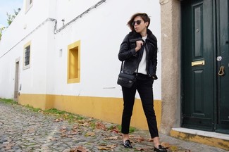Women's Black Leather Tassel Loafers, Black Skinny Pants, White Knit Oversized Sweater, Black Leather Biker Jacket