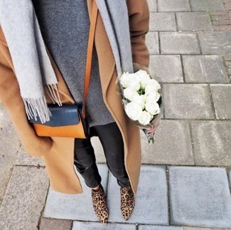 Women's Tan Leopard Suede Ankle Boots, Black Leather Skinny Pants, Grey Oversized Sweater, Camel Coat