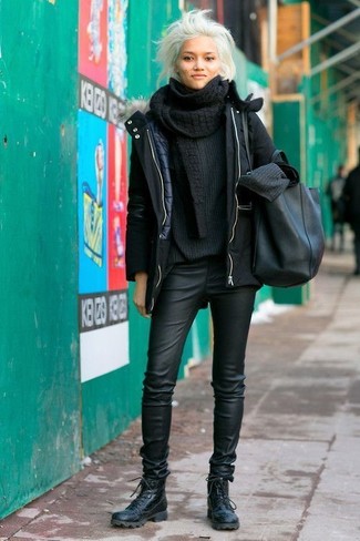 Women's Black Leather Lace-up Flat Boots, Black Leather Skinny Pants, Black Knit Oversized Sweater, Black Parka