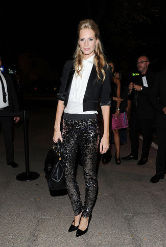 Black Sequin Skinny Pants Outfits: 