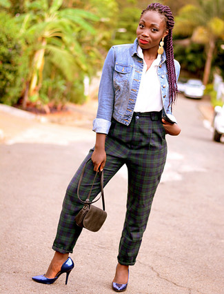 Navy and Green Plaid Skinny Pants Outfits: 