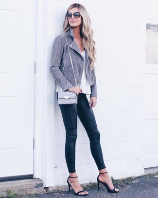Women's Black Suede Heeled Sandals, Black Quilted Leather Skinny Pants, White Sleeveless Top, Grey Suede Biker Jacket