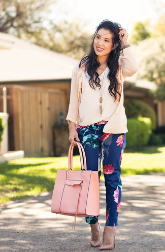 Women's Pink Leather Pumps, Navy Floral Skinny Pants, White Sleeveless Top, Pink Cardigan