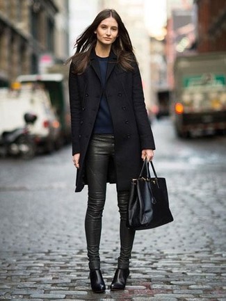 Black Coat with Black Leather Ankle Boots Chill Weather Outfits: 