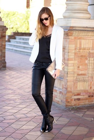 Women's Black Leather Ankle Boots, Black Skinny Pants, Black Silk Tank, White Blazer