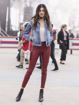 Burgundy Leather Skinny Pants Outfits: 