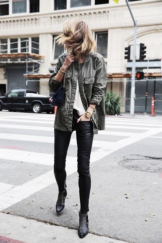 Women's Black Studded Leather Ankle Boots, Black Leather Skinny Pants, White Chiffon Tank, Olive Military Jacket