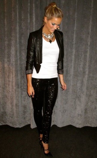 Black Sequin Skinny Pants Outfits: 