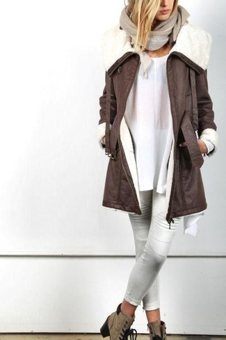 Women's Brown Suede Lace-up Ankle Boots, White Leather Skinny Pants, White Tunic, Dark Brown Shearling Coat