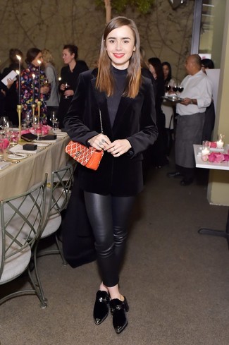 Lily Collins wearing Black Velvet Mules, Black Leather Skinny Pants, Black Turtleneck, Black Velvet Blazer
