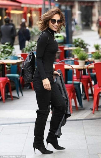 Black Turtleneck with Knee High Boots Outfits: 