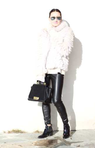 Women's Black Leather Chelsea Boots, Black Leather Skinny Pants, White Wool Turtleneck, White Fur Jacket