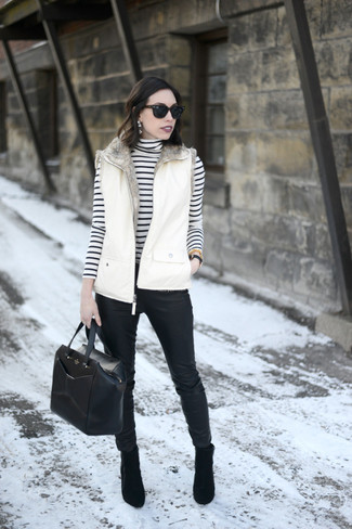 Women's Black Suede Ankle Boots, Black Leather Skinny Pants, White and Black Horizontal Striped Turtleneck, White Gilet