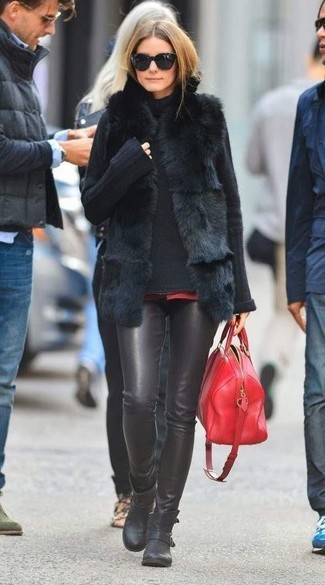 Olivia Palermo wearing Black Leather Ankle Boots, Black Leather Skinny Pants, Black Knit Turtleneck, Black Fur Vest