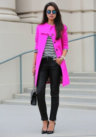 Women's Black Leather Pumps, Black Leather Skinny Pants, White and Black Horizontal Striped V-neck Sweater, Hot Pink Coat