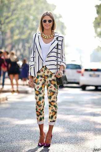 Women's Purple Leather Pumps, Yellow Print Skinny Pants, White V-neck T-shirt, White and Navy Vertical Striped Blazer