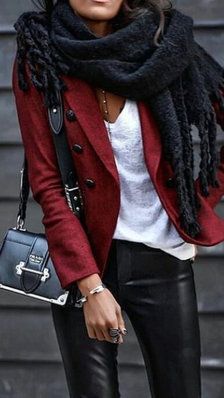 Women's Black Leather Crossbody Bag, Black Leather Skinny Pants, White V-neck T-shirt, Red Wool Blazer