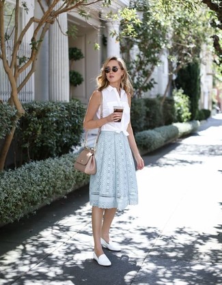 Sleeveless Button Down Shirt Outfits For Women: A sleeveless button down shirt and a light blue eyelet midi skirt are veritable essentials if you're piecing together a casual wardrobe that matches up to the highest fashion standards. To give your ensemble a dressier feel, rock a pair of white leather loafers.