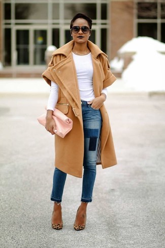 Women's Camel Sleeveless Coat, White Long Sleeve T-shirt, Blue Ripped Skinny Jeans, Tan Leopard Suede Pumps
