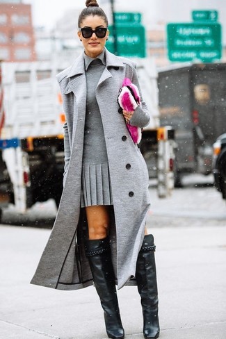 Women's Grey Sleeveless Coat, Grey Sheath Dress, Black Leather Knee High Boots, Hot Pink Fur Clutch