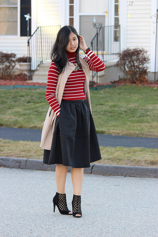 Women's Beige Sleeveless Coat, Red and White Horizontal Striped Turtleneck, Black Full Skirt, Black Cutout Suede Ankle Boots