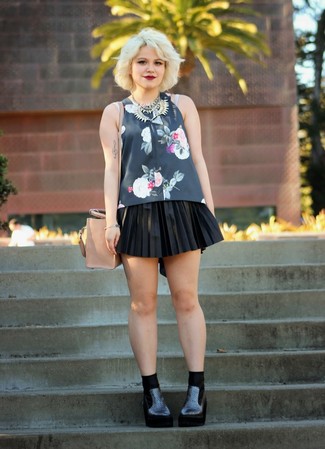 Women's Navy Floral Sleeveless Top, Black Pleated Mini Skirt, Black Chunky Leather Ankle Boots, Tan Leather Crossbody Bag