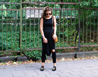 Black Sleeveless Top Outfits: For an off-duty ensemble, try pairing a black sleeveless top with black ripped skinny jeans — these two items work perfectly well together. Black leopard leather loafers are an effective way to add a sense of class to your outfit.