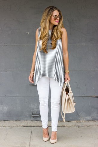 Navy And White Stretch Striped Collared Sleeveless Top