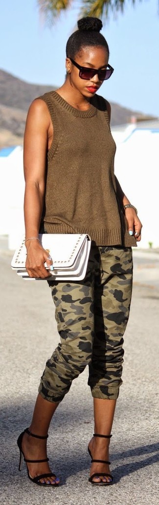 Women's Olive Knit Sleeveless Top, Olive Camouflage Sweatpants, Black Leather Heeled Sandals, White Leather Clutch