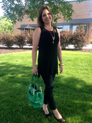 Green Leather Tote Bag Outfits: This combination of a black crochet sleeveless top and a green leather tote bag looks incredibly chic and instantly makes you look awesome. Introduce black canvas wedge sandals to this look to instantly jazz up the getup.